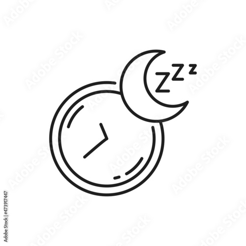 Sleeping time outline icon, healthy lifestyle exercise thin line sign. Healthy sleep and resting thin line pictogram, lack of sleep and insomnia problem outline symbol with clock and moon