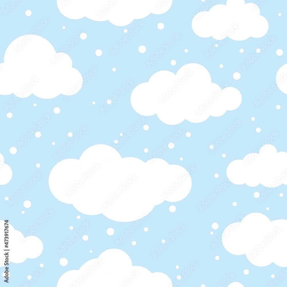 Winter Seamless pattern with white clouds and flat snowflakes and dots on blue sky. New Year backdrop.