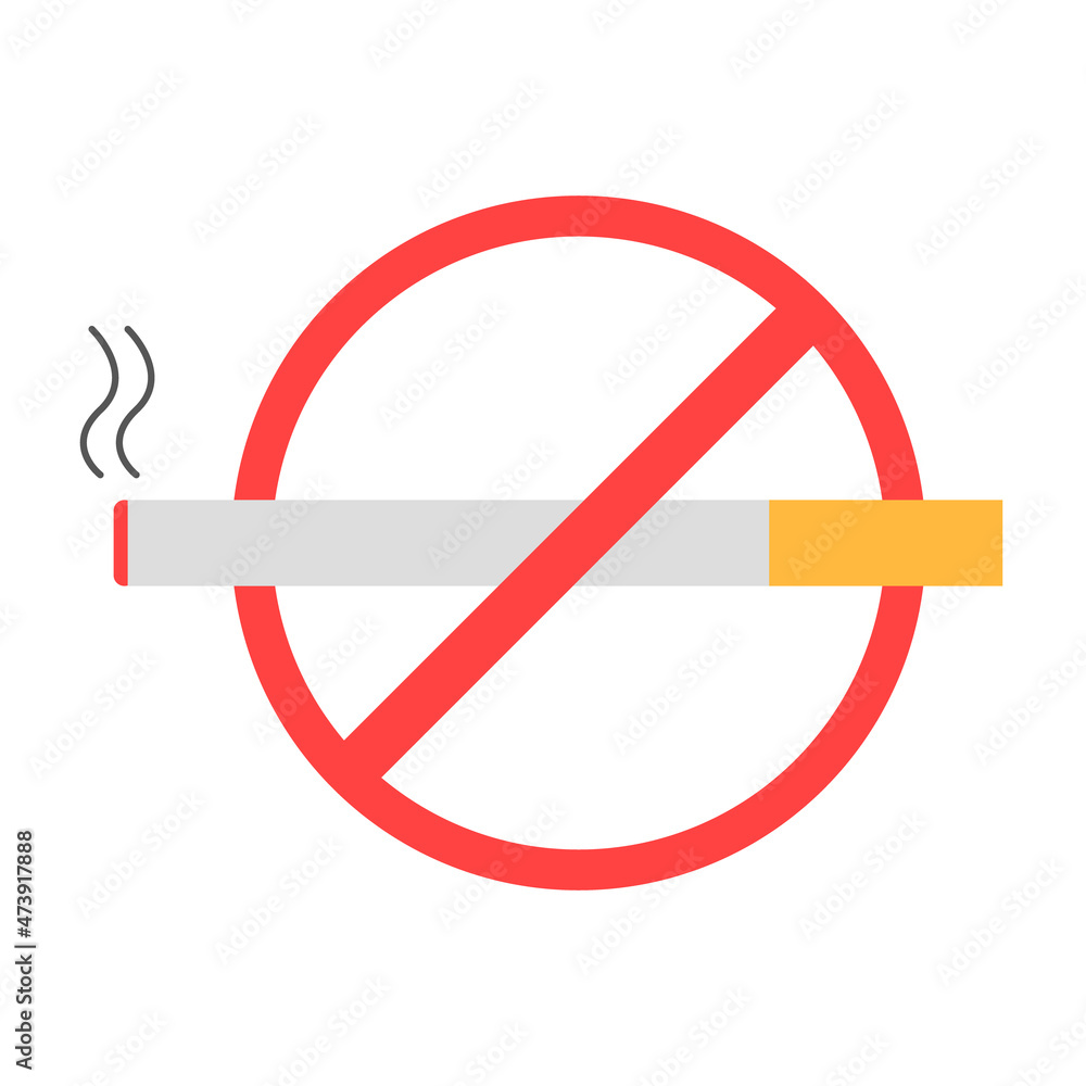 No smoking sign flat vector. Cigarette flat icon with prohibition symbol for caution, or other smoking related illustration element No smoking sign flat vector. Cigarette flat icon with prohibition symbol for caution, or other smoking related illustration element