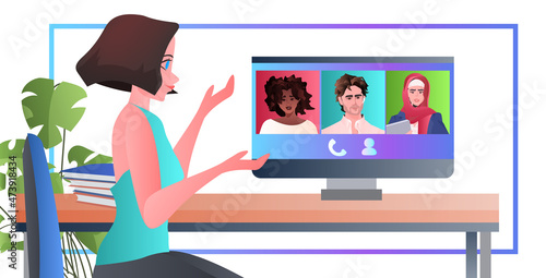 woman discussing with mix race friends during video call virtual conference online communication self isolation