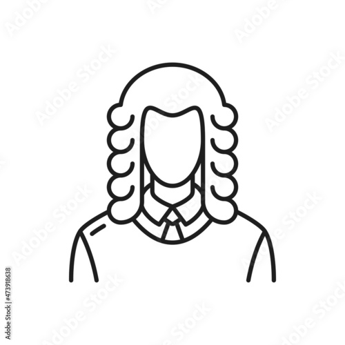 Lawyer in wig isolated judge thin line icon Vector juridical authority person, judgment barrister or counsel portrait. Magistrate character, lawyer or legal service worker, outline arbitration judge