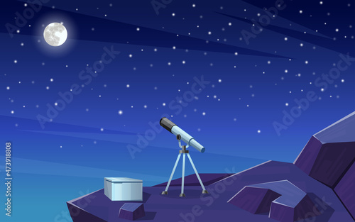 Telescope for space exploration in the mountain  illustration. vector image.