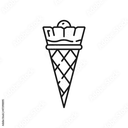 Ice cream in waffle cone isolated outline icon. Vector cold refreshing summer dessert, italian sundae in wafer. Gelato ice-cream snack thin line fastfood snack. Refreshing frozen candy cone