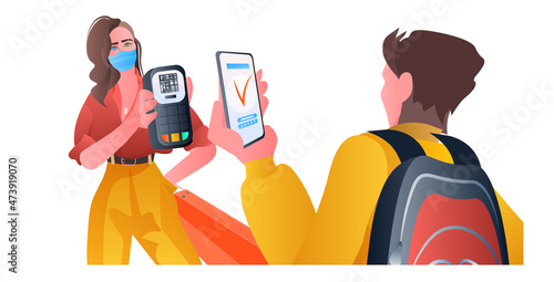 people using contactless NFC payment app on smartphone horizontal portrait