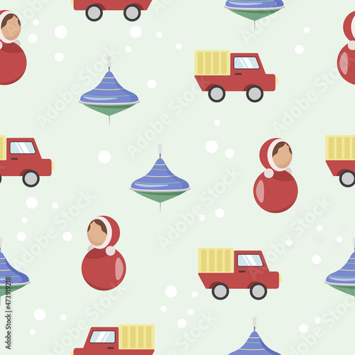 Seamless pattern with Cartoon colorful toys set in flat style.  Colorful background for kids and nursery design.