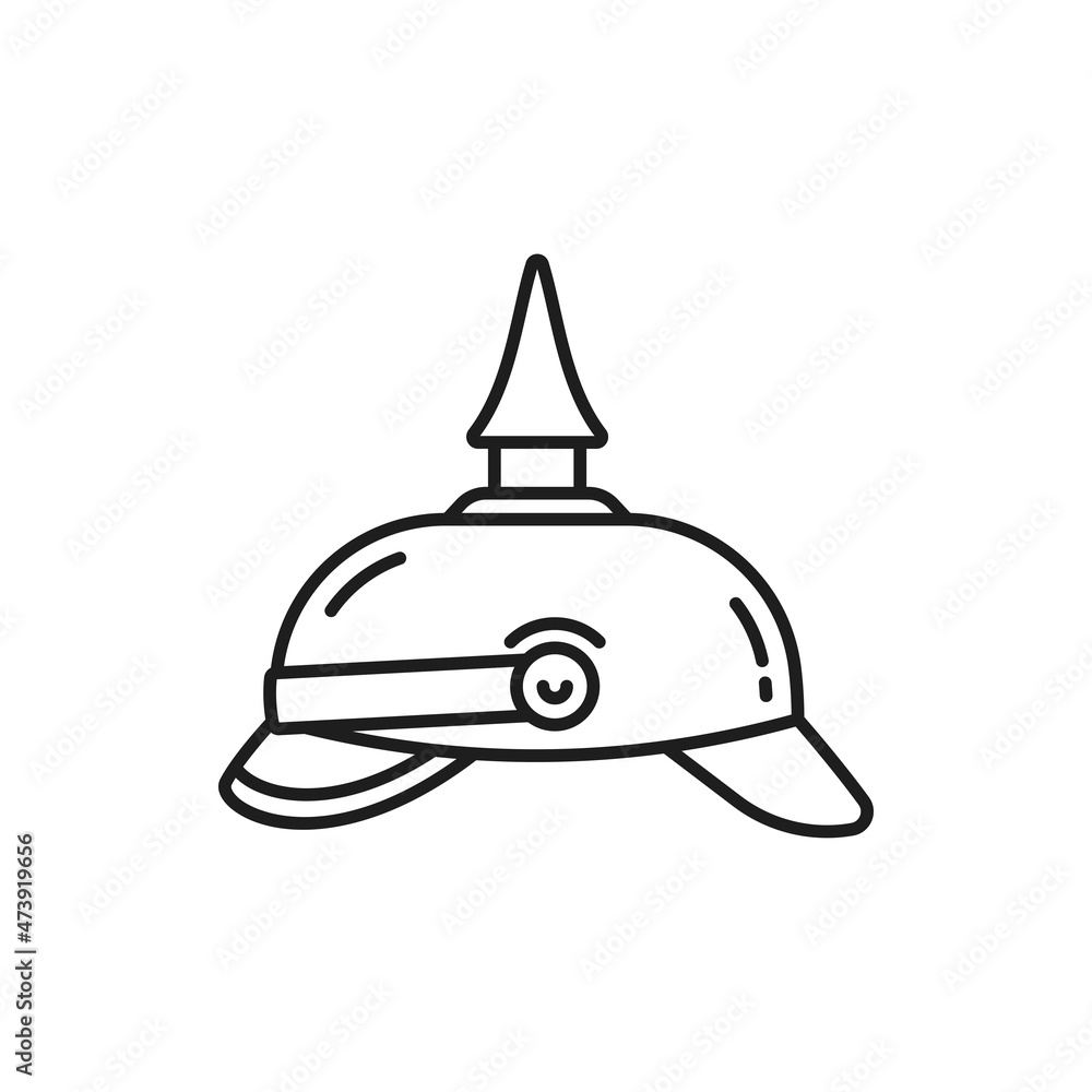 Naklejka premium German pickle hub Prussian helmet, Kaiser hat armor isolated outline icon. Vector Germany army helmet with spike, military helmet of German army in times of First World War, thin line headwear symbol