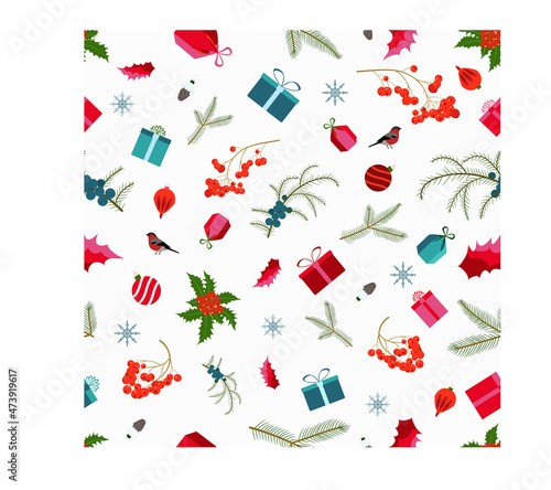 New Year pattern with Christmas tree branches, juniper, holly berries and leaves, gifts, Christmas toys, rowan berries, bullfinches and snowflakes. Flat style, vector illustration