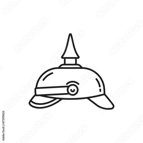 German pickle hub Prussian helmet, Kaiser hat armor isolated outline icon. Vector Germany army helmet with spike, military helmet of German army in times of First World War, thin line headwear symbol