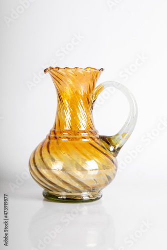 Colorful transparent stained glass drink pitcher / jug with a transparent handle and bottom