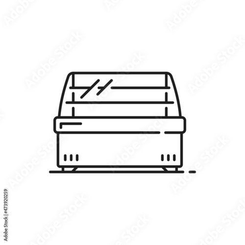 Ice cream freezer isolated outline icon. Vector horizontal fridge showcase with glass door for display in grocery store, supermarket or cafe. Modern shop refrigerator, industrial fridge, bar chiller