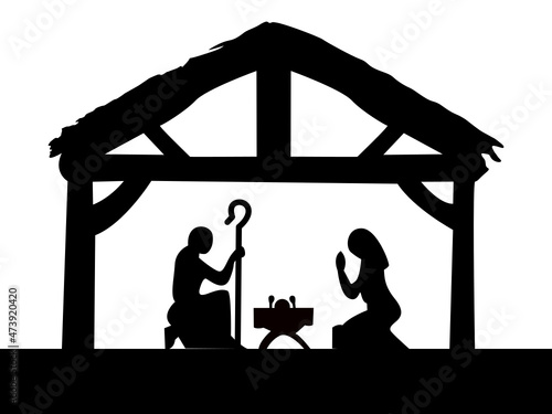 Birth of Jesus in a manger at night photo