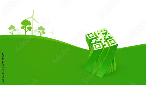 QR code. Save planet Eco friendly vector illustration ecology concept. Green landscape with windmills, trees and qrcode