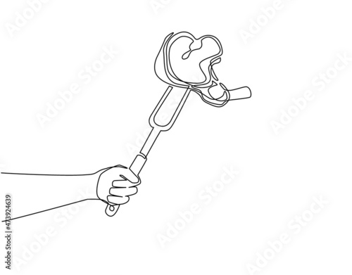 Single one line drawing hand holding steak on fork. Barbecue, pieces of meat on the fork holding hand, food meat, steak hand drawn. Grill picnic template. Continuous line draw design graphic vector