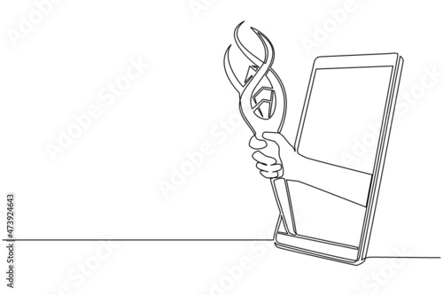 Continuous one line drawing hand holding wizards magic staff through mobile phone. Concept of mobile games, e-sport, entertainment application for smartphones. Single line draw design vector graphic