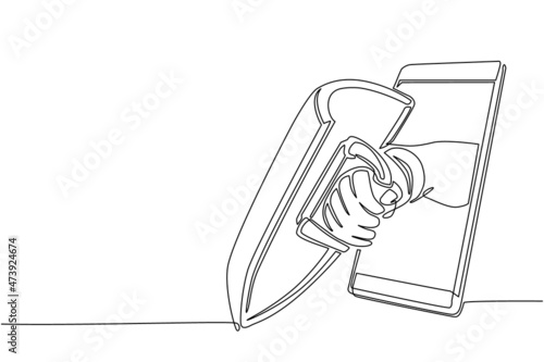 Single continuous line drawing warrior hand holding shield through mobile phone. Concept of mobile games, e-sport, entertainment application for smartphones. One line draw design vector illustration