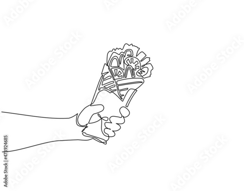 Single one line drawing hand holding shawarma food. Delicious arabic roll with meat, salad, tomato. Kebab with chicken and onion. For restaurant menu. Continuous line draw design vector illustration