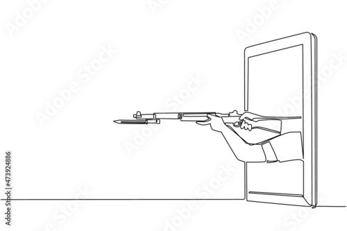 Single continuous line drawing hand holding rifle with attached bayonet through mobile phone. Concept of warfare video games, e-sport, entertainment app for smartphones. One line draw design vector photo