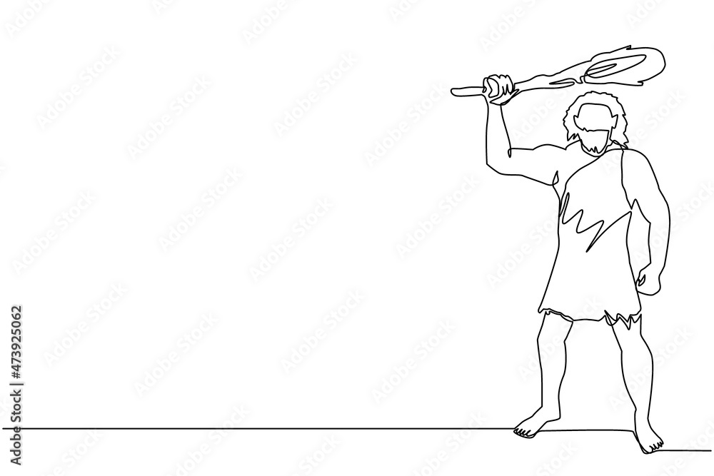Single one line drawing prehistoric man holding and raised cudgel overhead. Man hunting an ancient animal with cudgel, caveman of prehistoric period with weapon. Continuous line draw design vector