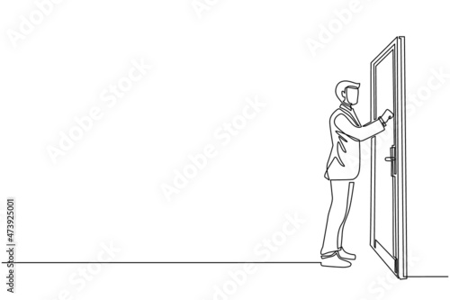 Single one line drawing businessman knocking at door. Man standing at entrance of room knocking door. Male in business suit is knocking at door. Continuous line draw design graphic vector illustration photo