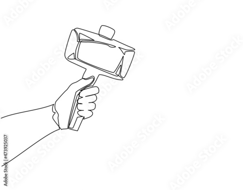 Single one line drawing hand holding stone hammer. Ancient prehistoric weapon or working tool in shape of hammer. Stone age historical period artefact. Continuous line draw design vector illustration