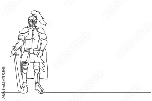 Continuous one line drawing medieval knight in armor, cape and helmet with feather. Warrior of middle ages standing and leaning on sword. Historical ancient military. Single line draw design vector