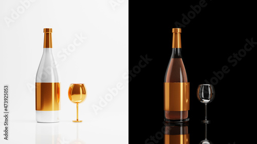 3D Champagne Bottle With Drink Glass On Background In White And Black Color Options.