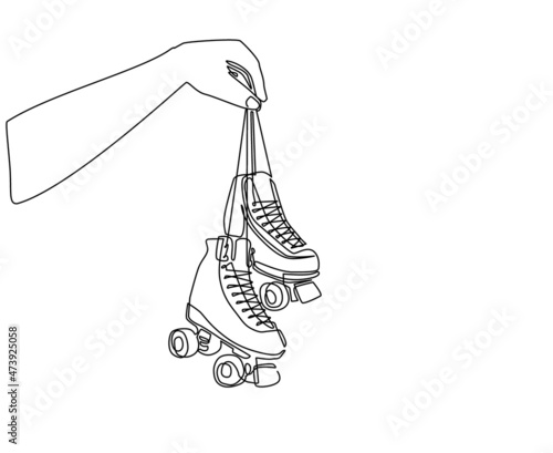 Single one line drawing player hand holds roller skate. Man hand holding pair of old retro plastic quad roller skate shoes. Vintage classic extreme sport. Continuous line draw design graphic vector