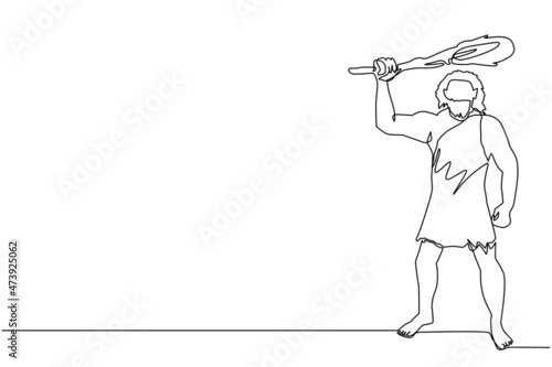 Single one line drawing prehistoric man holding and raised cudgel overhead. Man hunting an ancient animal with cudgel, caveman of prehistoric period with weapon. Continuous line draw design vector