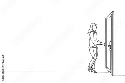 Continuous one line drawing businesswoman inserts the key into the keyhole which is on the door. Woman opens office room door with key. Success business concept. Single line draw design vector graphic