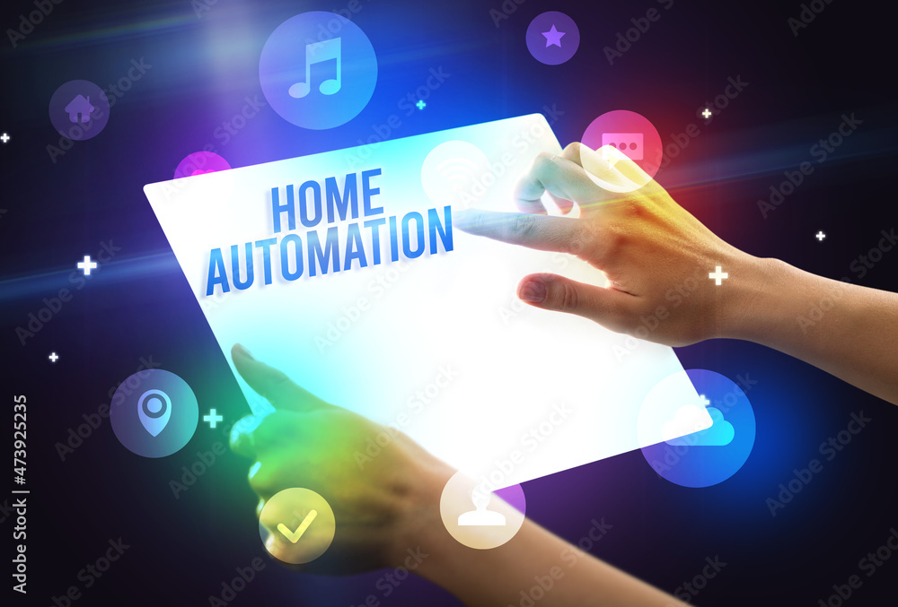 Holding futuristic tablet, new media concept