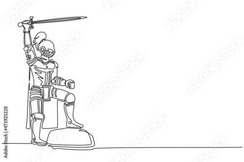 Continuous one line drawing medieval knight standing in armor and helmet holding shield and raised sword standing on top of rock. Ancient fighter. Single line draw design vector graphic illustration