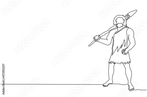 Single continuous line drawing prehistoric man holding stone spear on shoulders. Primitive person hunt. Stone age hunter. Man hunting an ancient animal with stone spear. One line draw design vector