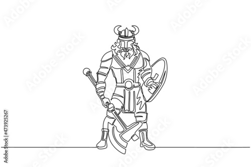 Continuous one line drawing man warrior viking in horned helmet holding axe and shield. Cartoon character male with weapon standing in belligerent pose. Single line draw design vector illustration