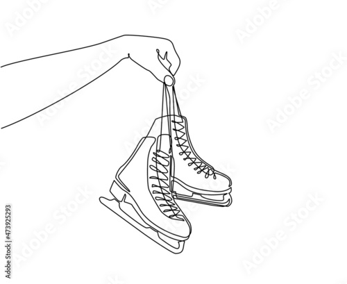 Continuous one line drawing girl carries skates in her hands. Woman with ice skates in hand drawn style isolated on white background. Skating. Winter fun. Single line draw design vector illustration