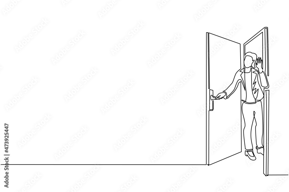 Single One Line Drawing Businesswoman Looking From Behind Open Door Woman Peeking Of Door And Wave Hands Cheerful Female Standing In Doorway Continuous Line Draw Design Graphic Vector Illustration Stock Vector