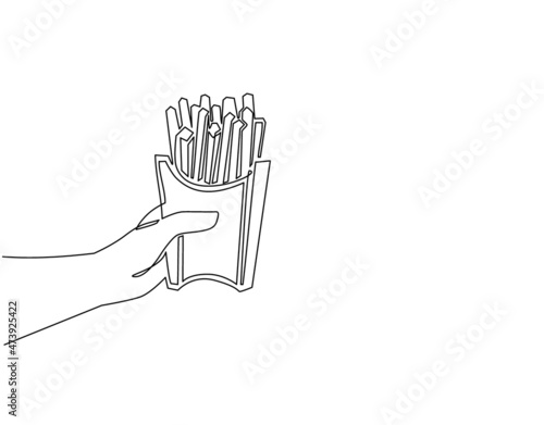 Continuous one line drawing hand holding french fries in paper box. Potato snack fast food menu symbol object. For restaurant or cafe drink menu. Single line draw design vector graphic illustration