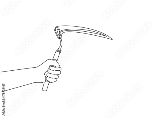 Continuous one line drawing hand holding farm scythe. Scythe agricultural hand tool for mowing grass or reaping crops, sketch engraving isolated. Single line draw design vector graphic illustration