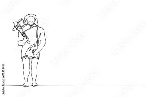 Single continuous line drawing caveman standing and holding stone axe. Prehistoric bearded man dressed in animal pelt. Neanderthal hunter. Ancient human. One line graphic design vector illustration