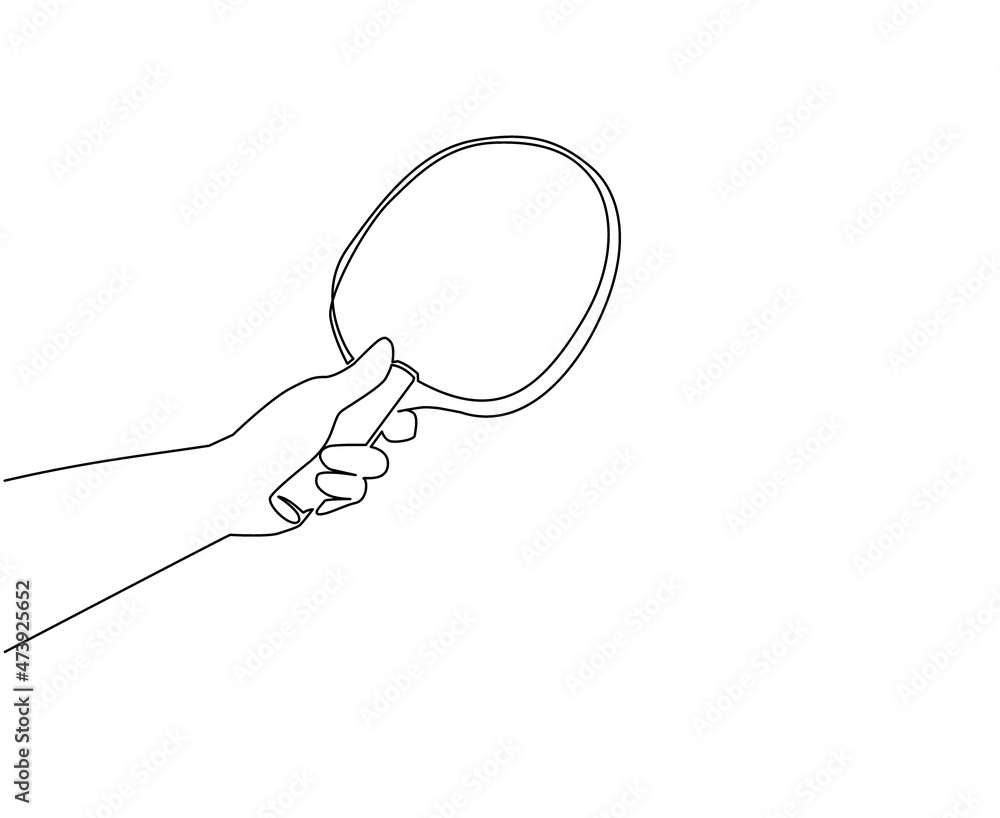 Single continuous line drawing player hand holding table tennis bat. Hand holding ping pong paddle racket against white background. Outdoor summer activity. Dynamic one line draw graphic design vector Single continuous line drawing player hand holding table tennis bat. Hand holding ping pong paddle racket against white background. Outdoor summer activity. Dynamic one line draw graphic design vector