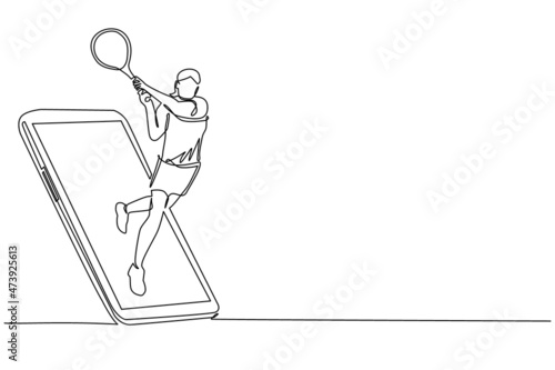 Single continuous line drawing female tennis player hit opponent's ball getting out of smartphone screen. Mobile sports play matches. Online tennis game mobile app. One line draw graphic design vector