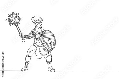 Continuous one line drawing big strong muscular orange warrior viking with mace and shield furiously attacks. Viking in horned helmet holding mace and shield. Single line draw design vector graphic