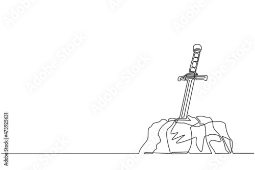 Continuous one line drawing Excalibur sword stuck or trapped in stone. Iconic scene from medieval European stories about King Arthur. Antique blade stuck in stone rock. Single line draw design vector