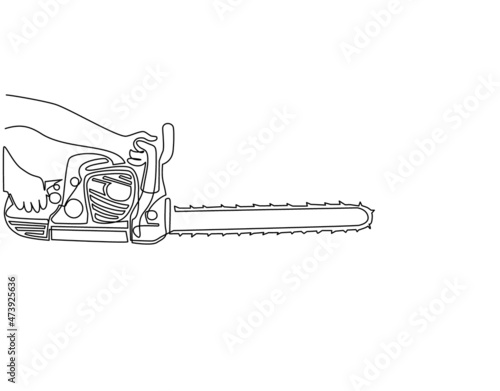 Single one line drawing hand holding chainsaw. Industry job equipment for strong man. Professional machine. Lumberjack tool. Woodcutter saw. Wood forester cutter. Continuous line draw design vector