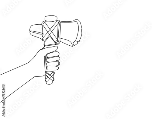 Single one line drawing hand holding stone axes. Primitive man weapon. Stone age hunting tools. Ancient prehistoric weapon, working tool. Modern continuous line draw design graphic vector illustration