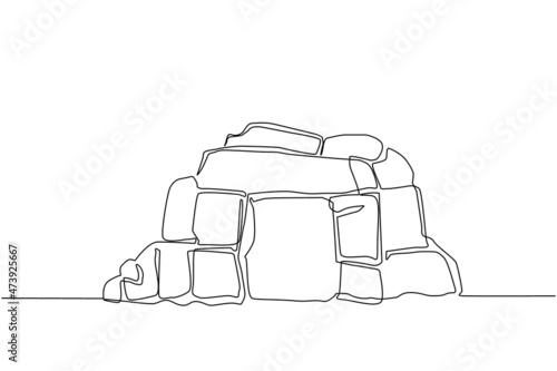 Continuous one line drawing prehistoric stone cave entrance sketch on isolated white background. Stone cave entrance flat composition icon symbol. Single line draw design vector graphic illustration