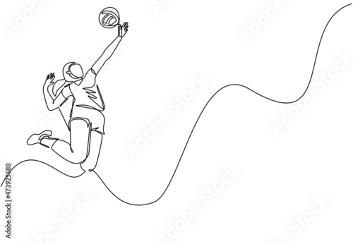 Continuous one line drawing young female professional volleyball player exercising jumping spike on court. Team sport competition game tournament. Single line draw design vector graphic illustration