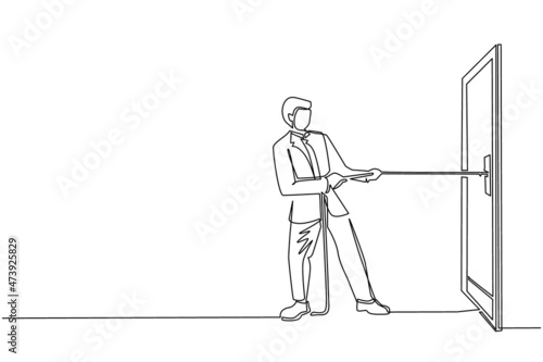 Single continuous line drawing businessman pulling rope to drag door, metaphor to facing big problem. Business struggles. Strength for success. Dynamic one line draw graphic design vector illustration