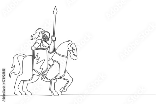 Single one line drawing medieval armed knight riding horse. Historical ancient military character. Prince with spear and shield. Ancient fighter. Continuous line design graphic vector illustration