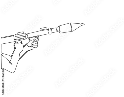 Single continuous line drawing hand holding rocket launcher. Rocket launcher with missiles. Soviet Russian rocket launchers and grenades for RPG-7. Game resources. One line draw graphic design vector