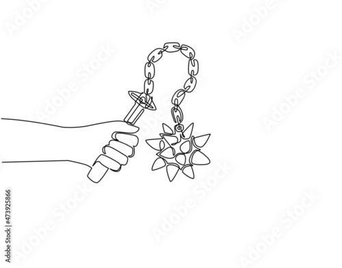 Continuous one line drawing hand holding flail with spiked ball. Medieval weapon - spiked metal ball with chain and wooden handle. Knight equipment icon. Single line draw design vector illustration